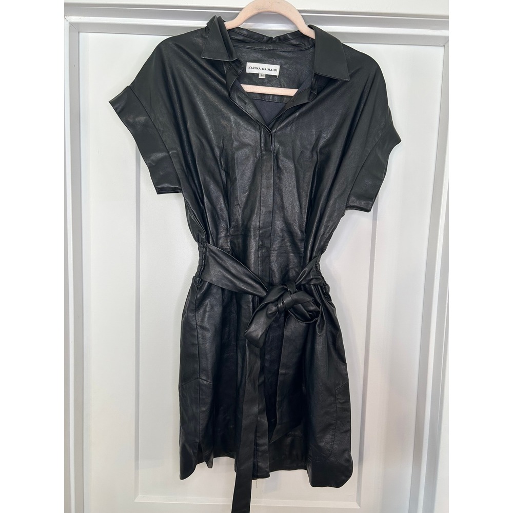 Karina Grimaldi Black Faux Leather Short‎ Sleeve Belted Mini Shirt Dress Medium
